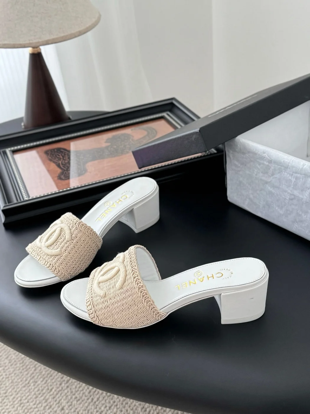 Chanel Women Beige Woven Fabric Slides product view 2