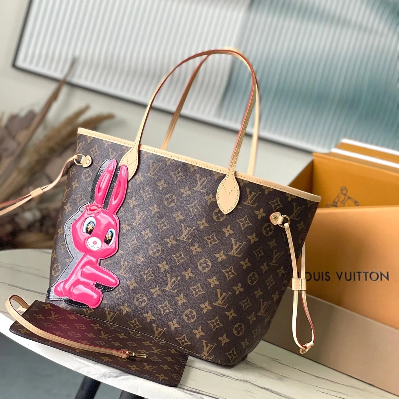 Louis Vuitton Neverfull MM In Brown Monogram Canvas With Pink Rabbit Patch Bag product view 1