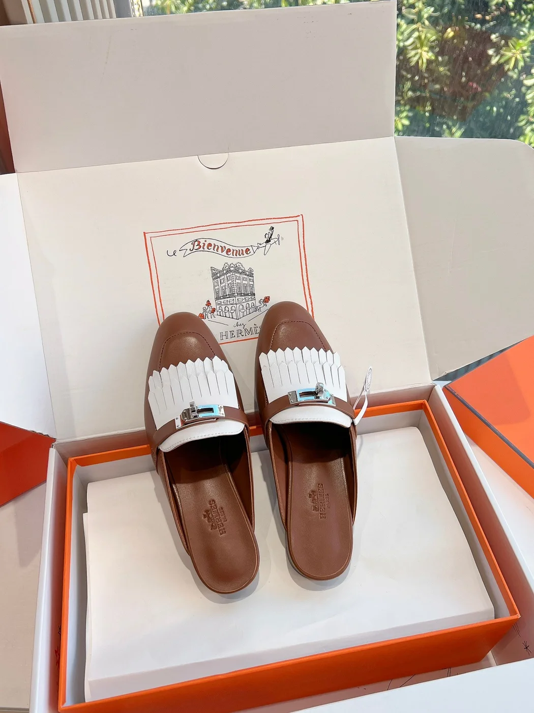 Hermès Women Brown White Leather Fringe Mules product view 4