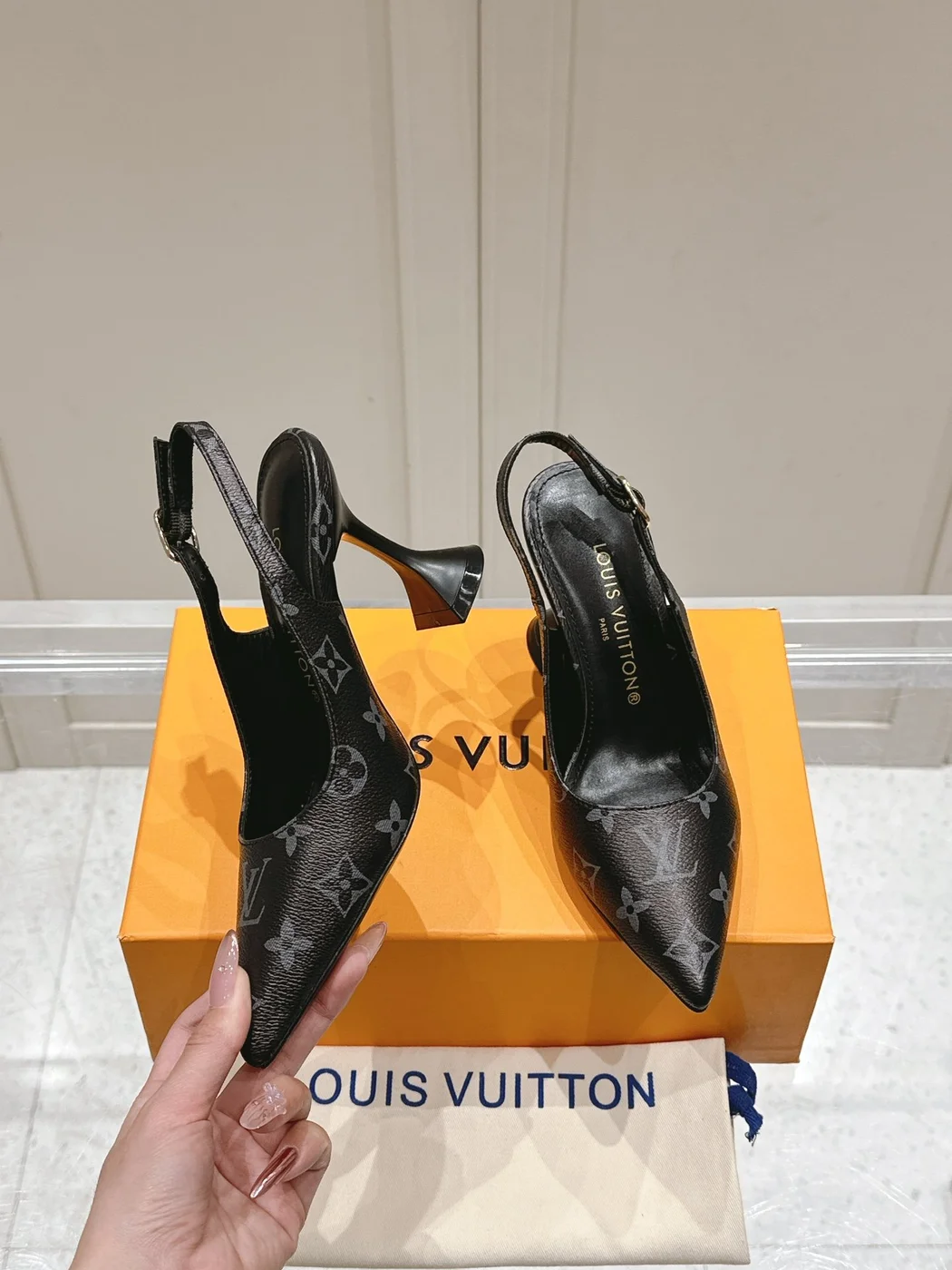 Louis Vuitton Women Black Patterned Leather Heels product view 3