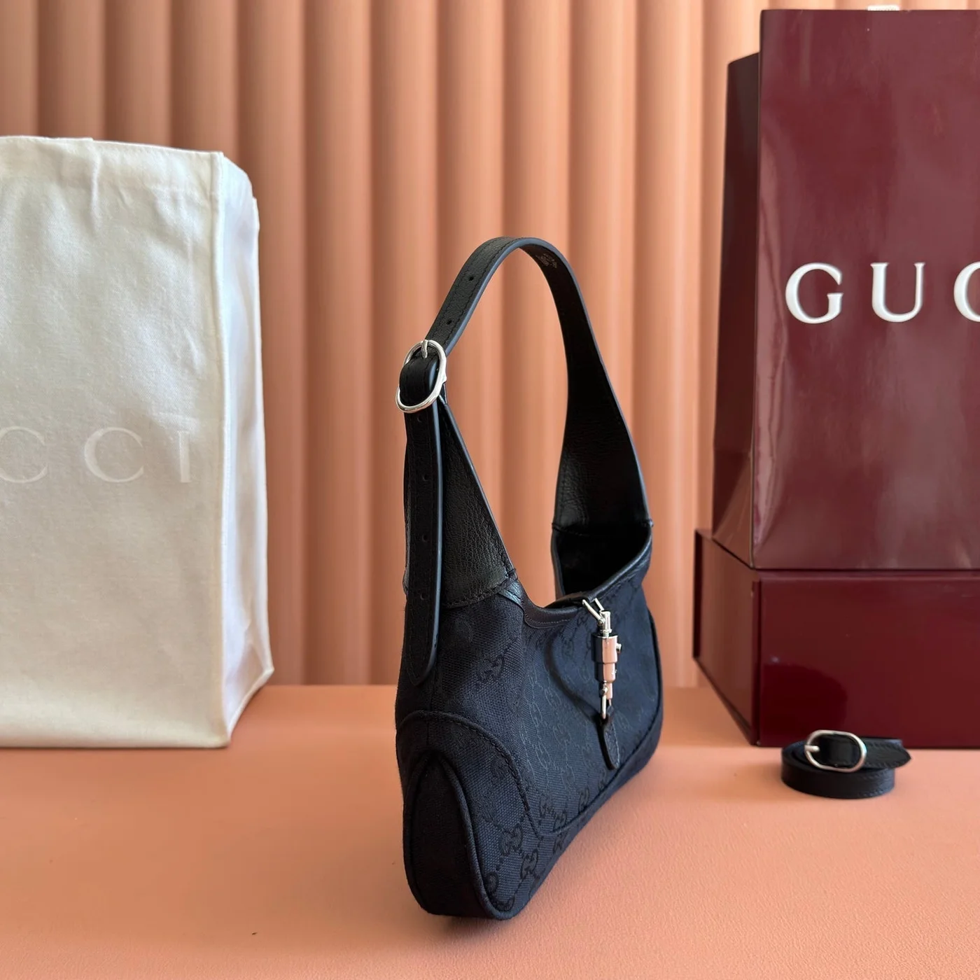 Gucci 26S Jackie Slim Shoulder Bag 27 In Black Canvas product view 3