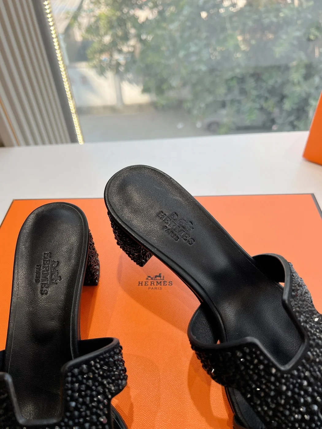 Hermès Women Black Embellished Leather Mules product view 2