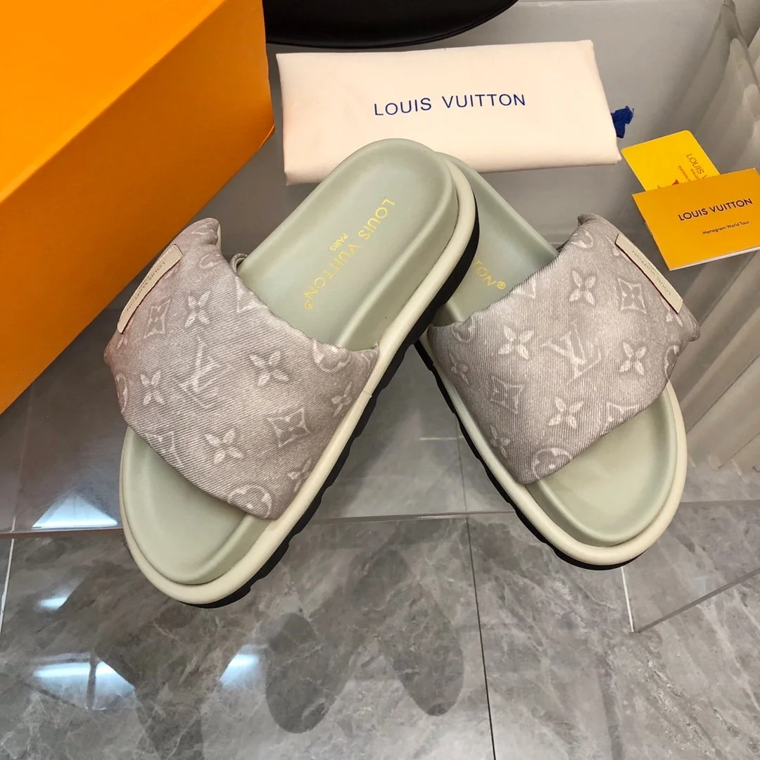 Louis Vuitton Women Light Gray Fabric Slides Sandals product view 4