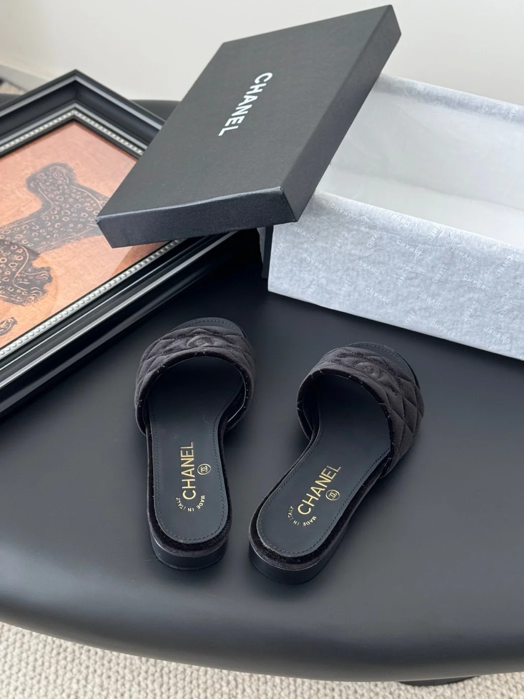Chanel Women Black Velvet Quilted Slides product view 5