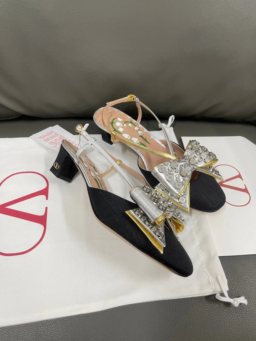 Valentino Women Black Silver Leather Bow Slingback Flats product view 3