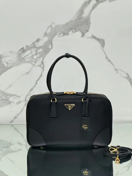 Prada Large Top Handle Bag 35 In Black Nylon And Calfskin Trim product view 1