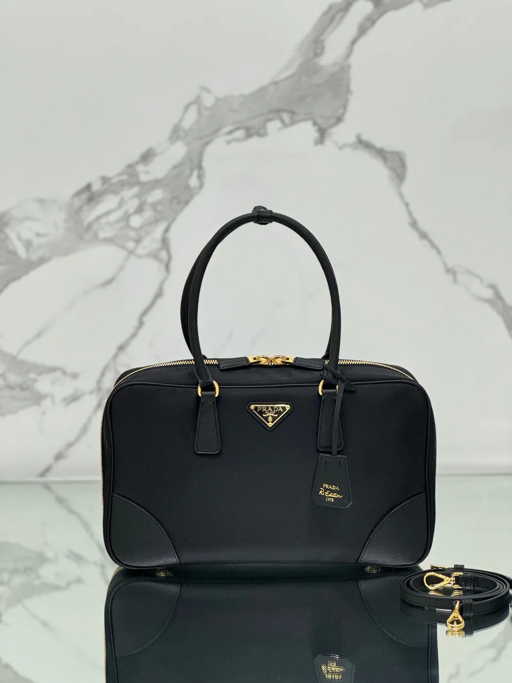 Prada Large Top Handle Bag 35 In Black Nylon And Calfskin Trim product view 1