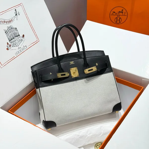 Hermès Quadrille Birkin 30 In Black Swift White Toile Canvas Bag product view 1