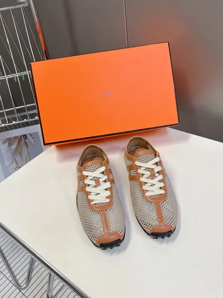 Hermès Women Beige Mesh And Tan Leather Sneakers product view 1
