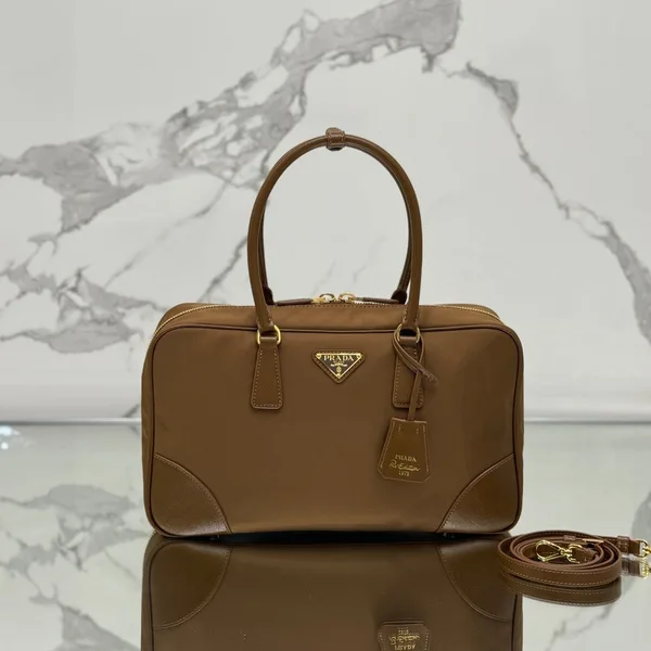 Prada Large Top Handle Bag 35 In Cherry Wood Nylon And Calfskin Trim product view 1