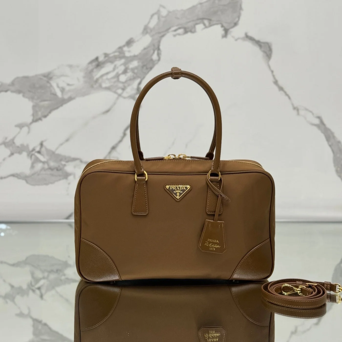 Prada Large Top Handle Bag 35 In Cherry Wood Nylon And Calfskin Trim product view 1