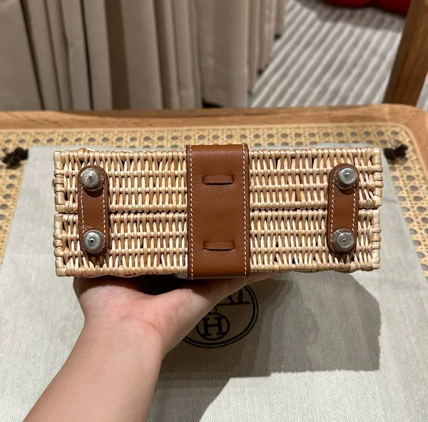 Hermès Kelly Picnic Handbag In Brown  Natural Leather And Wicker Silver Hardware product view 6