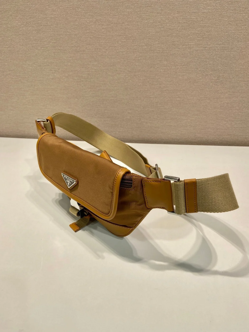 Prada Belt Bag 18 In Sepia Brown Re-Nylon And Calfskin Trim product view 2