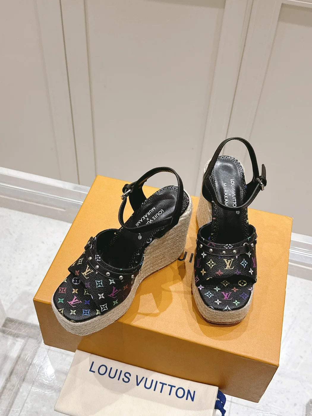 Louis Vuitton Women Black Leather Espadrille Wedge Sandals product view 5