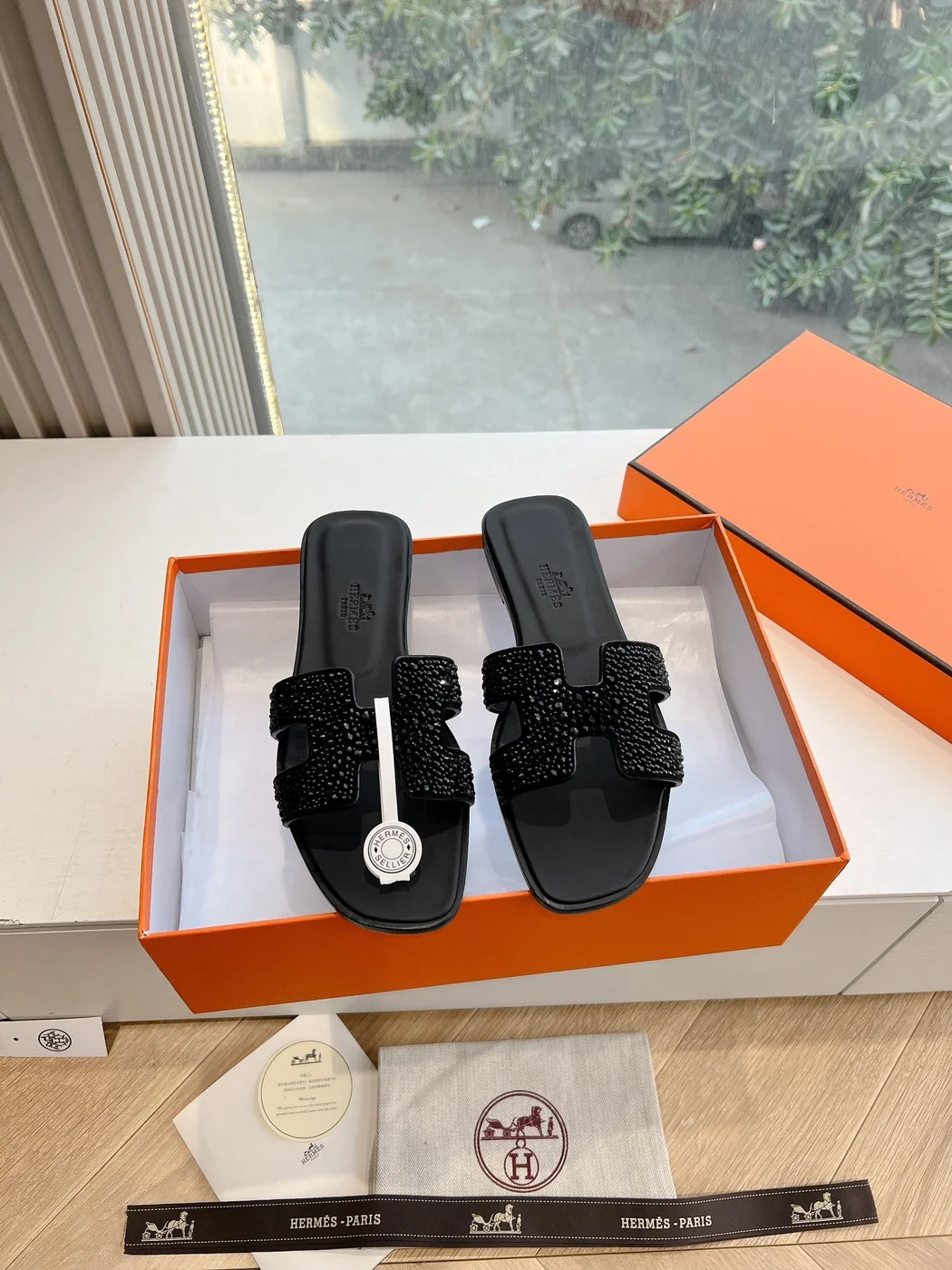 Hermès Women Black Leather Embellished Slippers product view 3