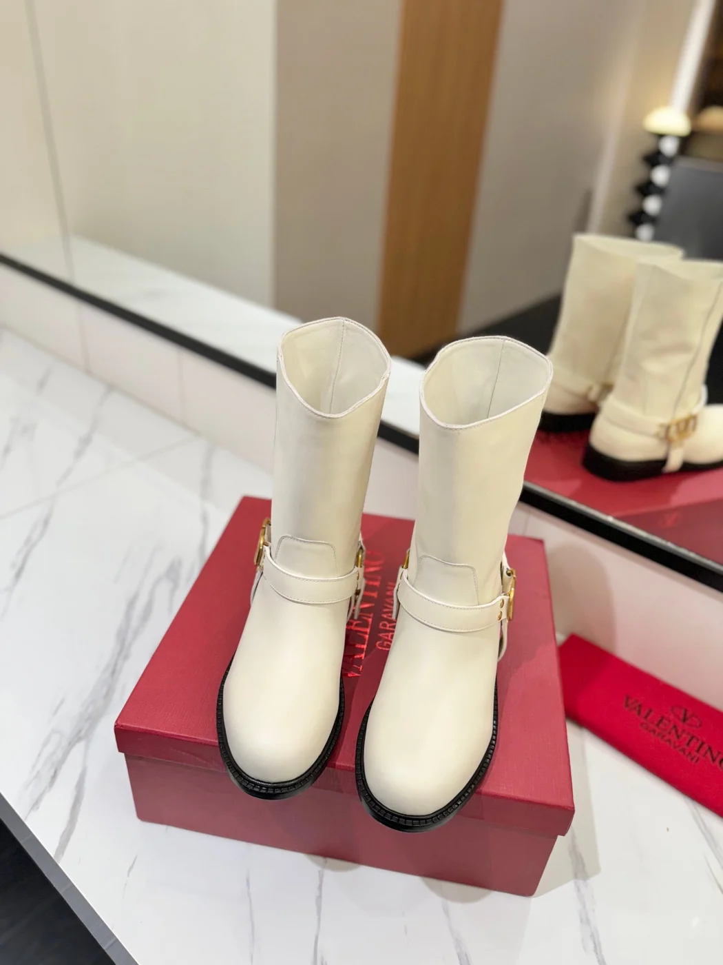 Valentino Women White Leather Mid-Calf Boots product view 4