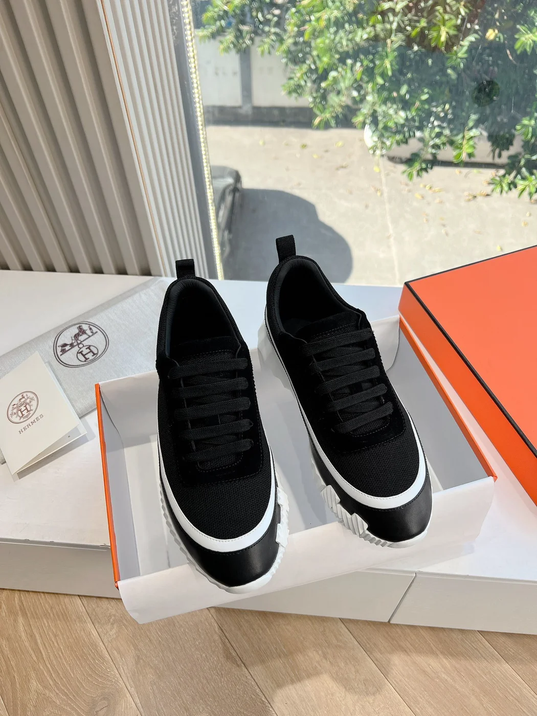 Hermès Women Black Mesh And Leather Sneakers product view 3