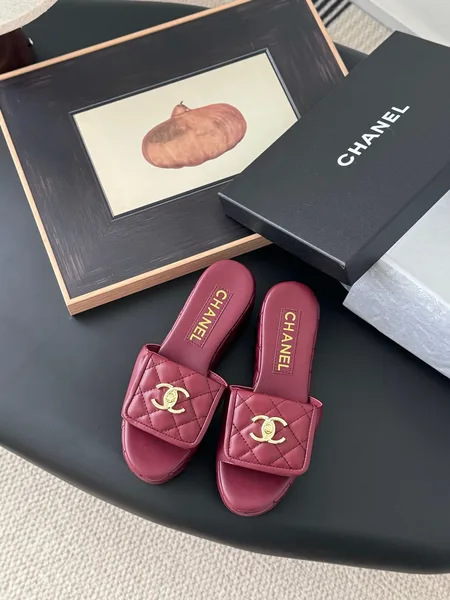 Chanel Women Burgundy Quilted Leather Slides product view 1