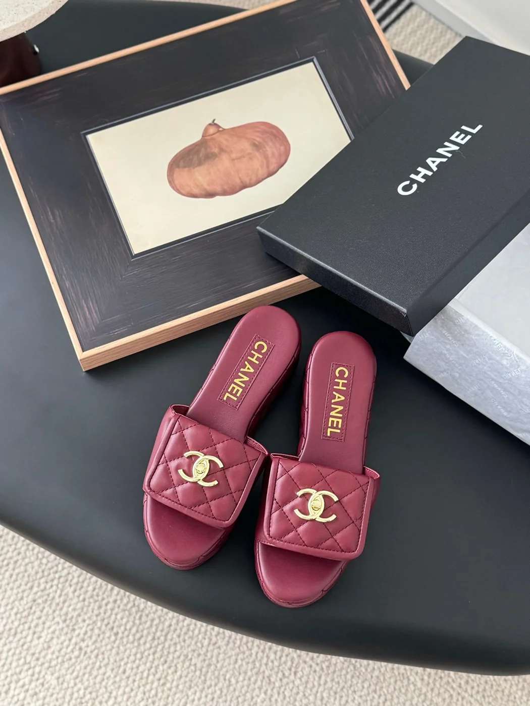 Chanel Women Burgundy Quilted Leather Slides product view 1