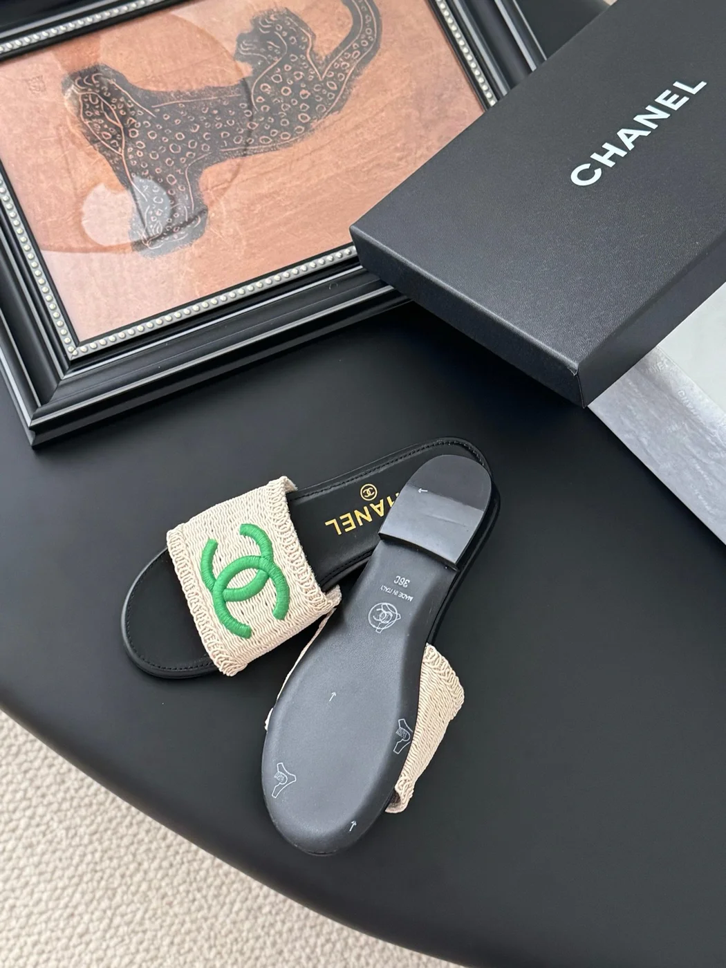 Chanel Women Beige Fabric Green Logo Slides product view 5