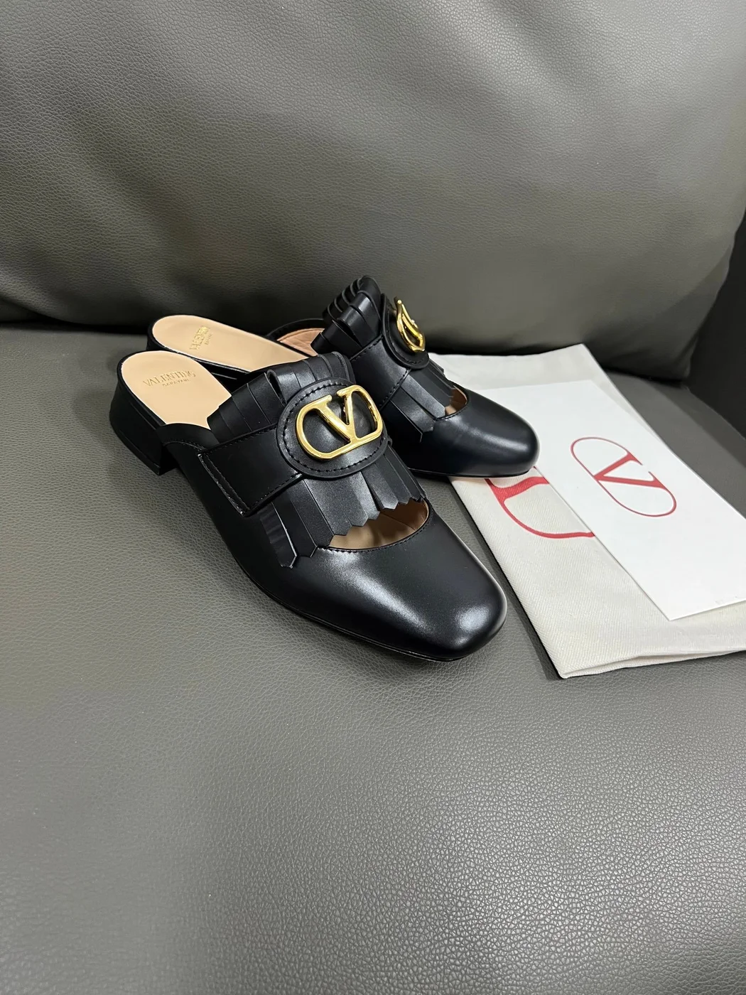 Valentino Women Black Leather Fringe Mules product view 3