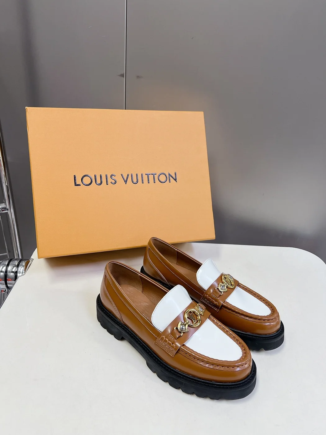 Louis Vuitton Women Brown White Leather Loafers product view 1
