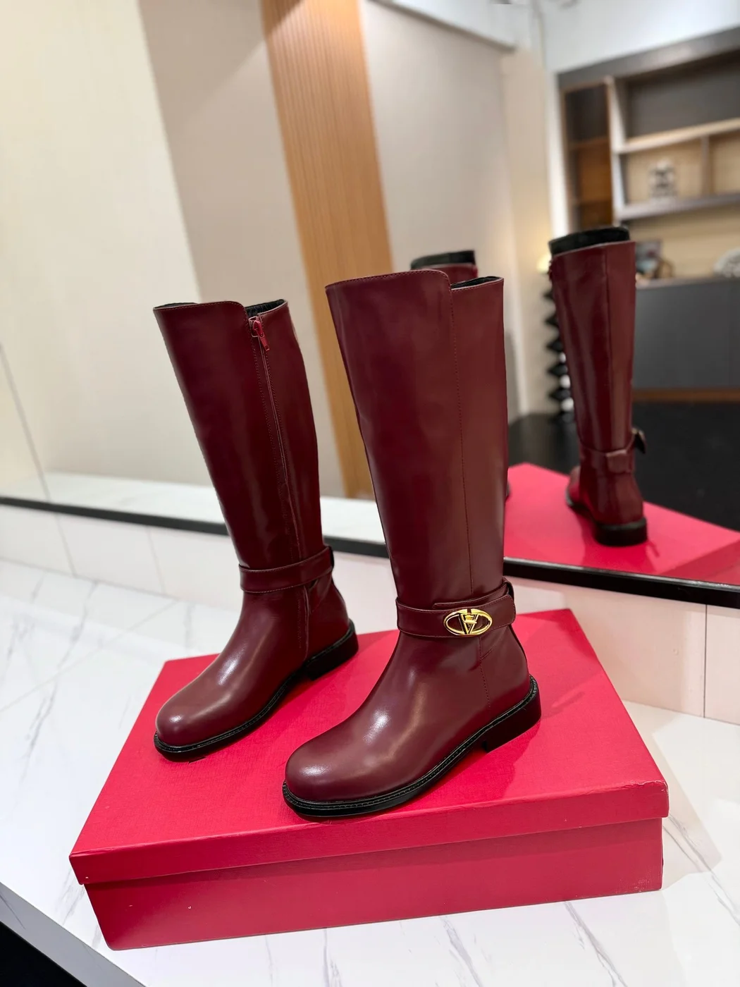 Valentino Women Burgundy Leather Knee High Boots product view 3
