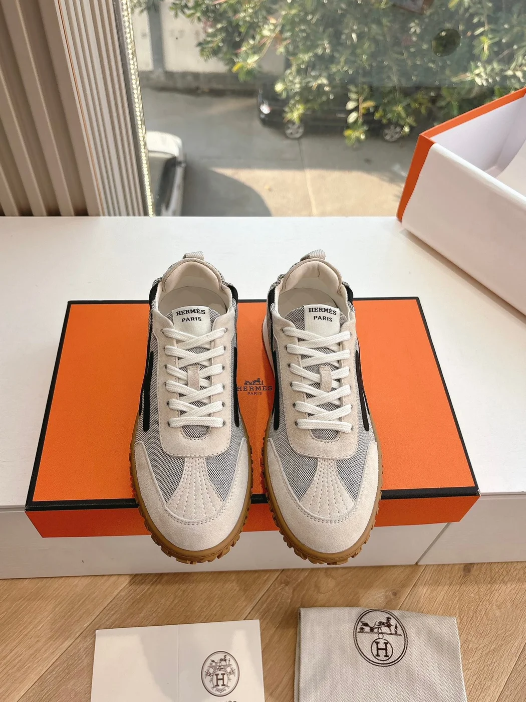 Hermès Women White Suede And Mesh Sneakers product view 1