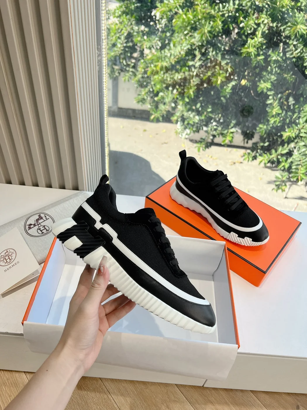 Hermès Women Black Mesh And Leather Sneakers product view 5