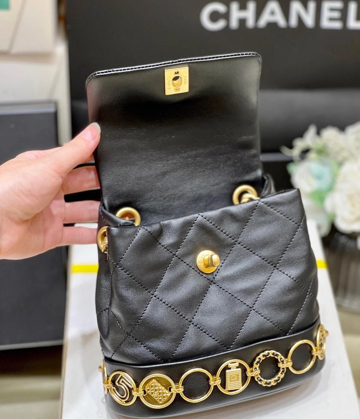 Chanel Charm Backpack Black Smooth Leather 18x18x8cm product view 4