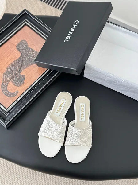 Chanel Women White Lace Mesh Slides product view 1