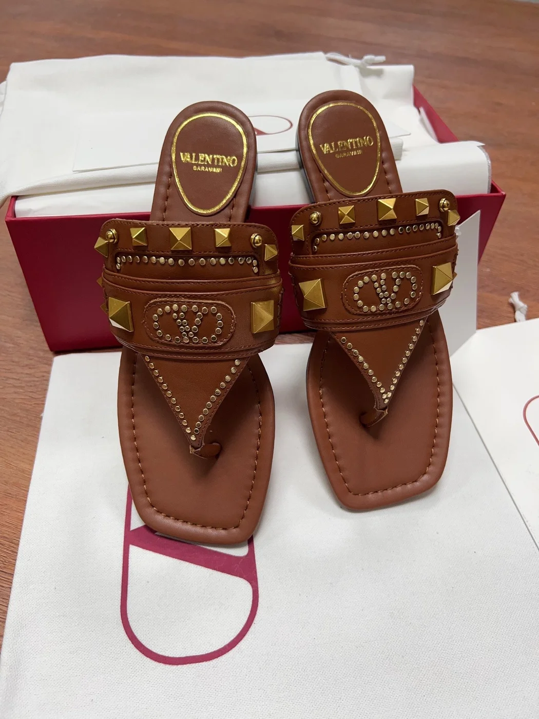 Valentino Women Brown Leather Studded Sandals product view 2