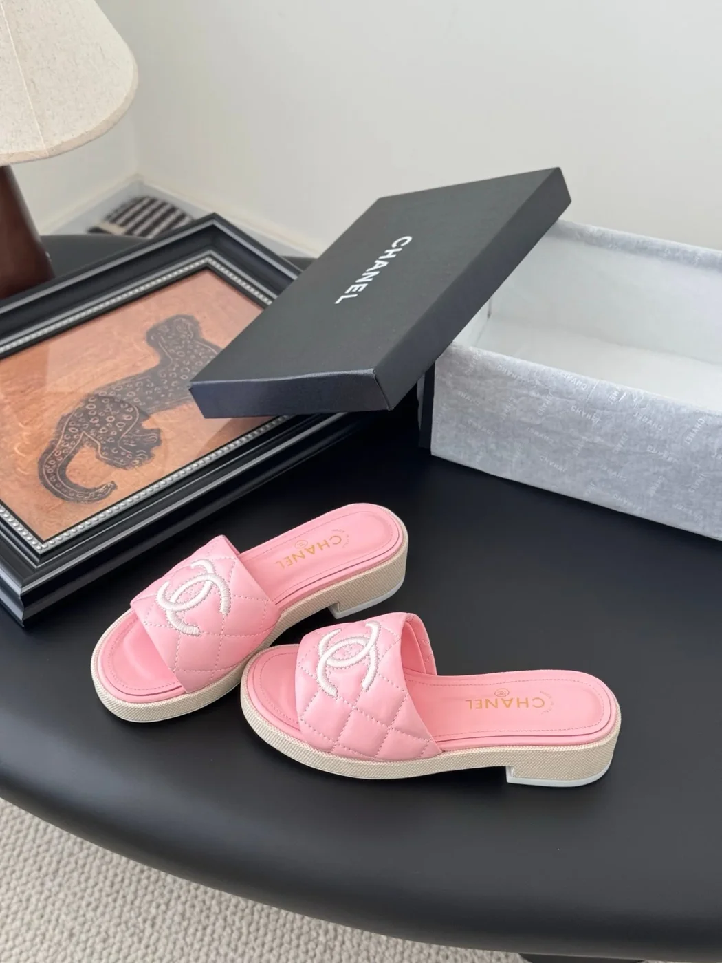 Chanel Women Pink Quilted Leather Slides product view 2