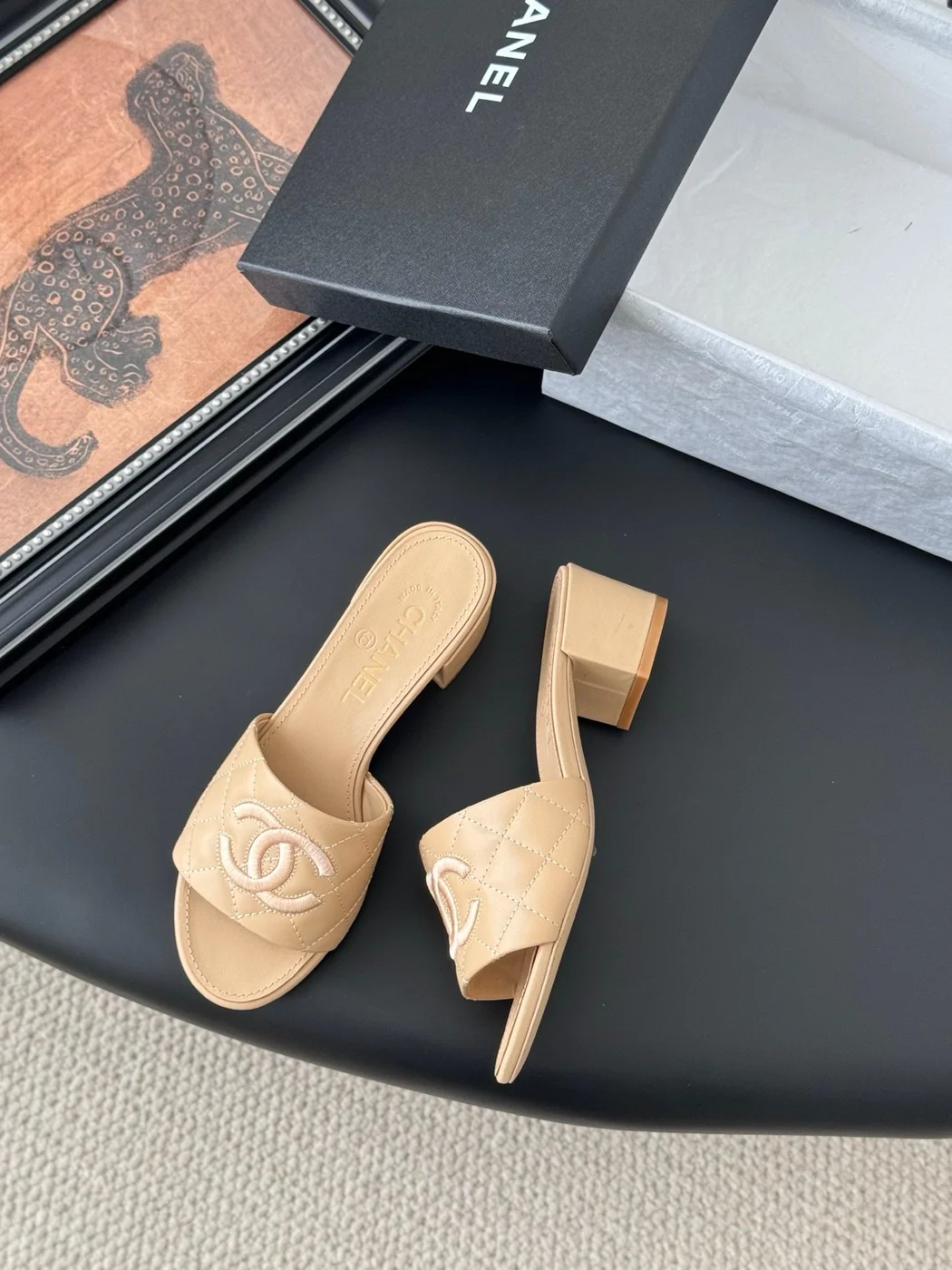 Chanel Women Beige Leather Quilted Slides product view 3