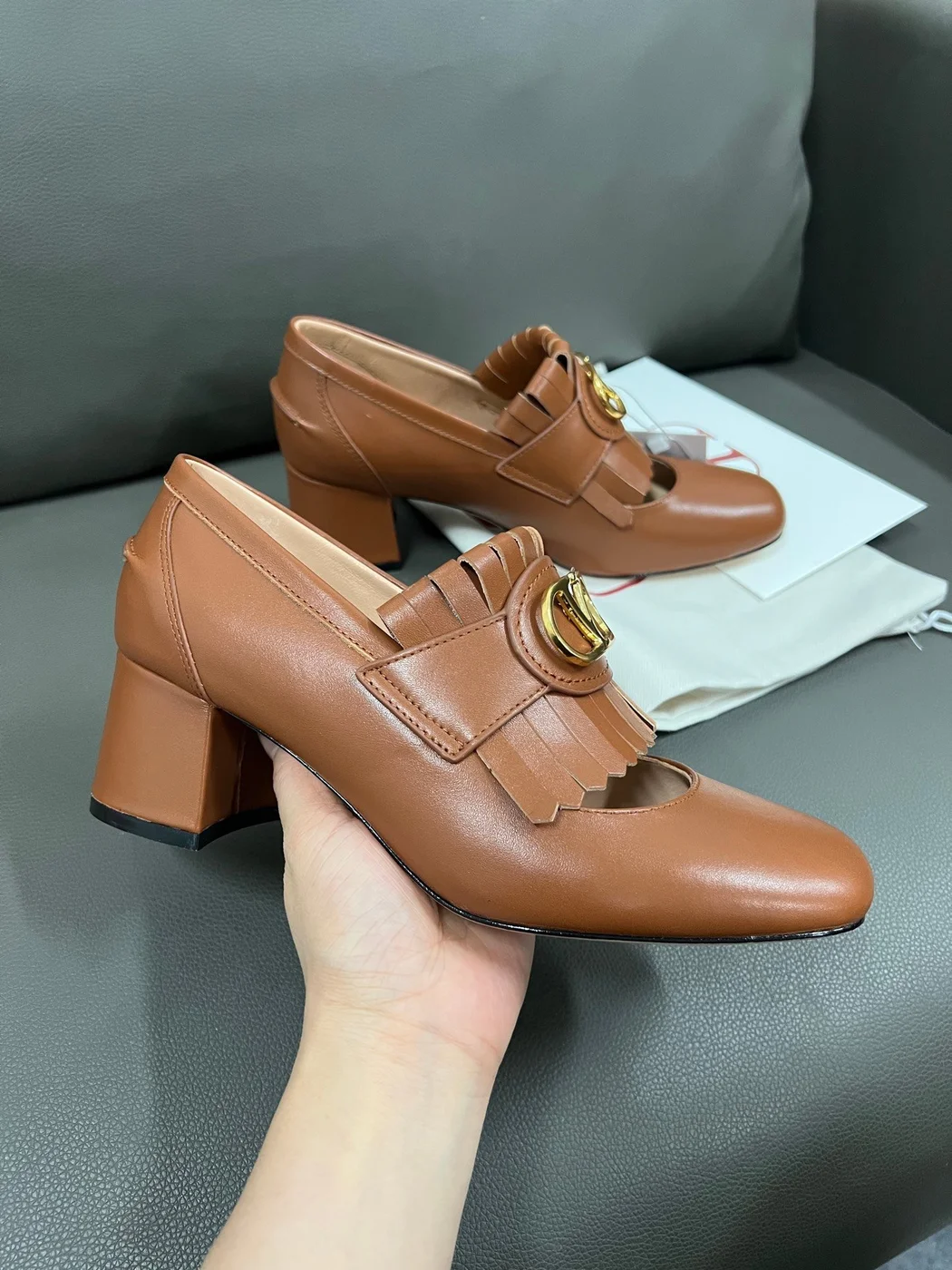 Valentino Women Brown Leather Fringe Loafers product view 6