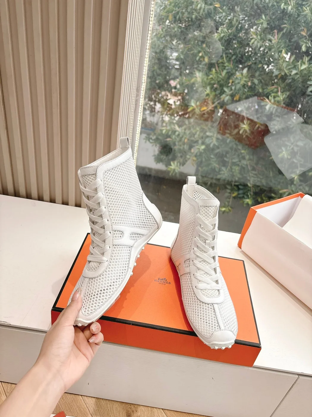Hermès Women White Mesh Leather Sneakers product view 6