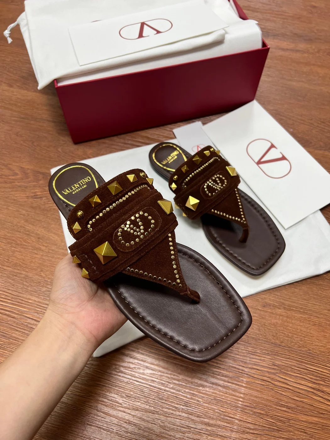 Valentino Women Brown Suede Studded Flats product view 5
