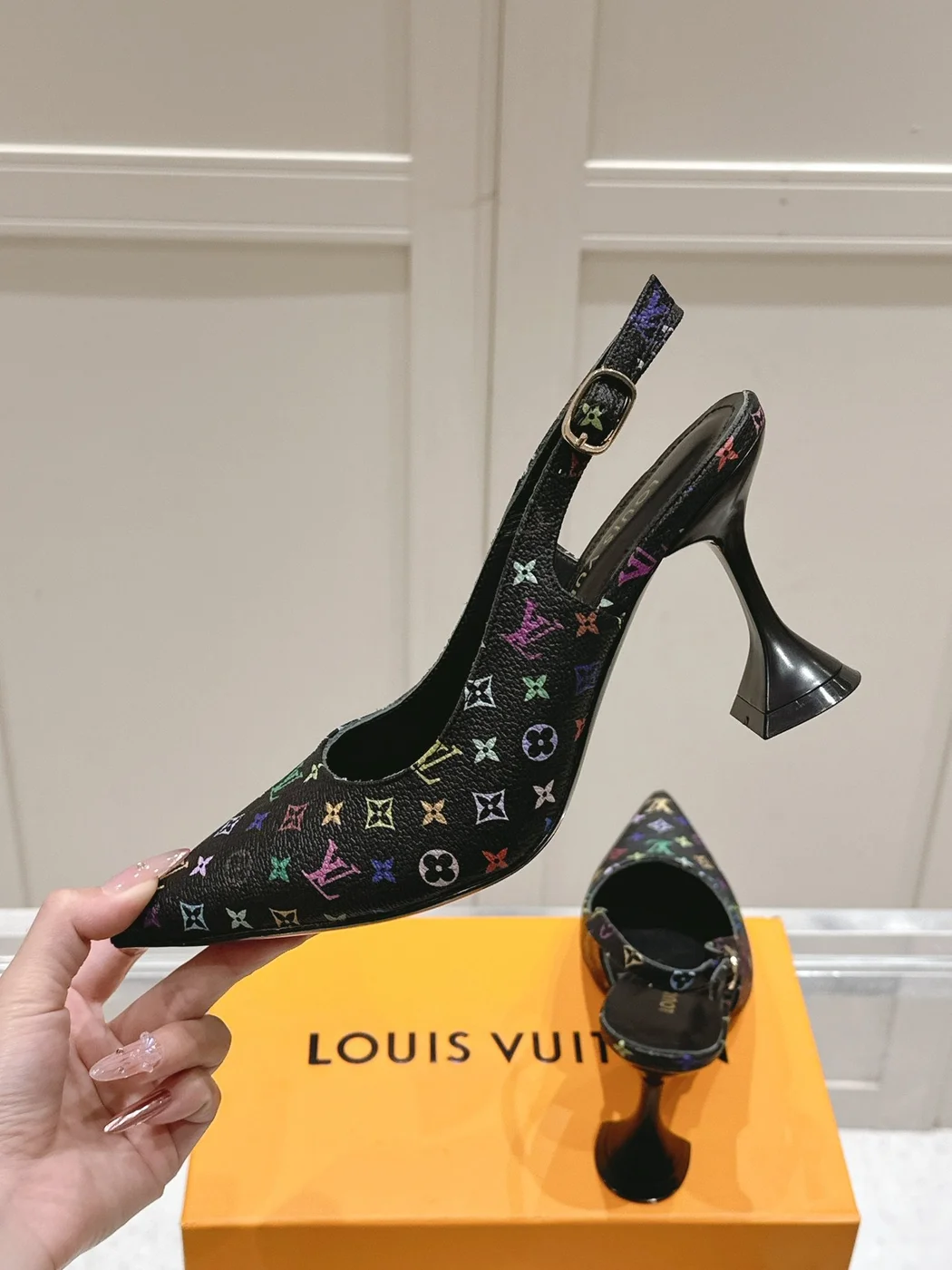 Louis Vuitton Women Black Patterned Leather Heels product view 6