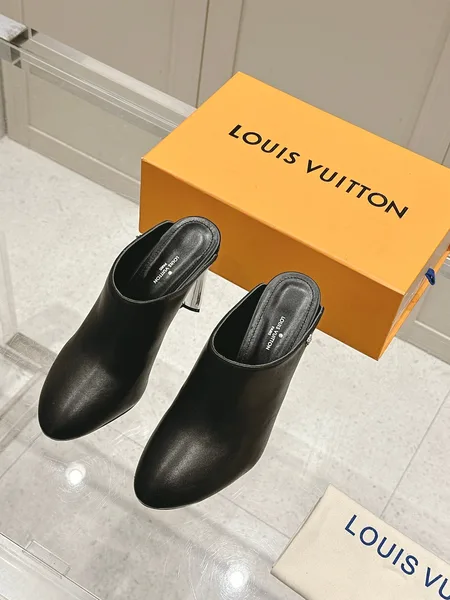 Louis Vuitton Women Black Leather Mules Heels product photo