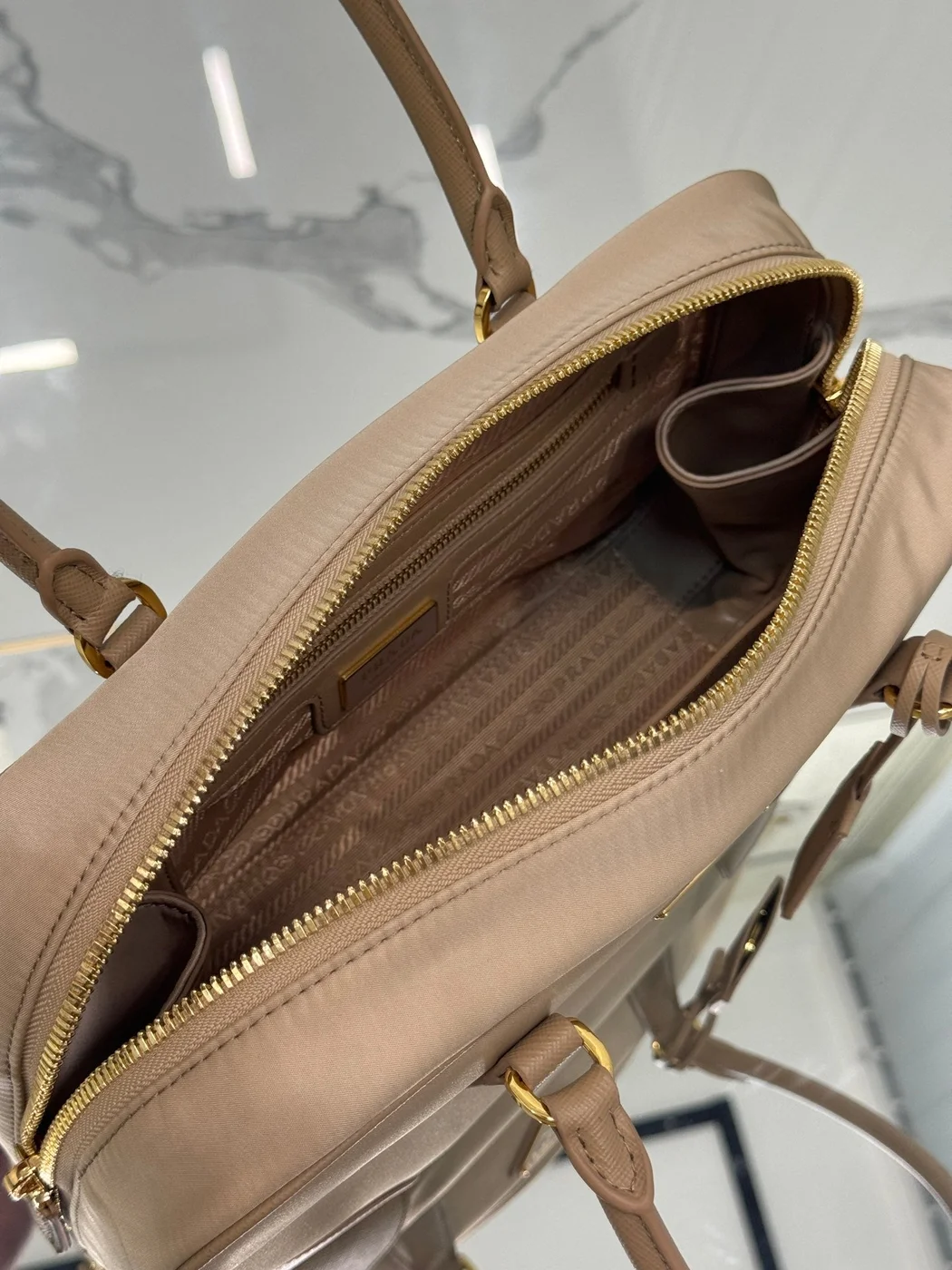 Prada Large Top Handle Bag 35 In Dried Moss Nylon And Calfskin Trim product view 7