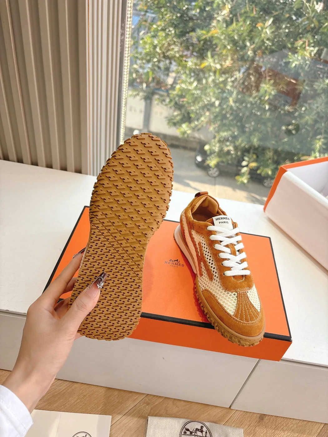 Hermès Women Brown Mesh Suede Sneakers product view 2