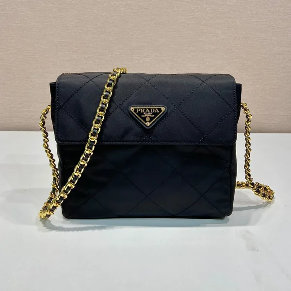 Prada Large Quilted Flap Bag 23 In Black Re-Nylon Fabric Gold Chain product view 2