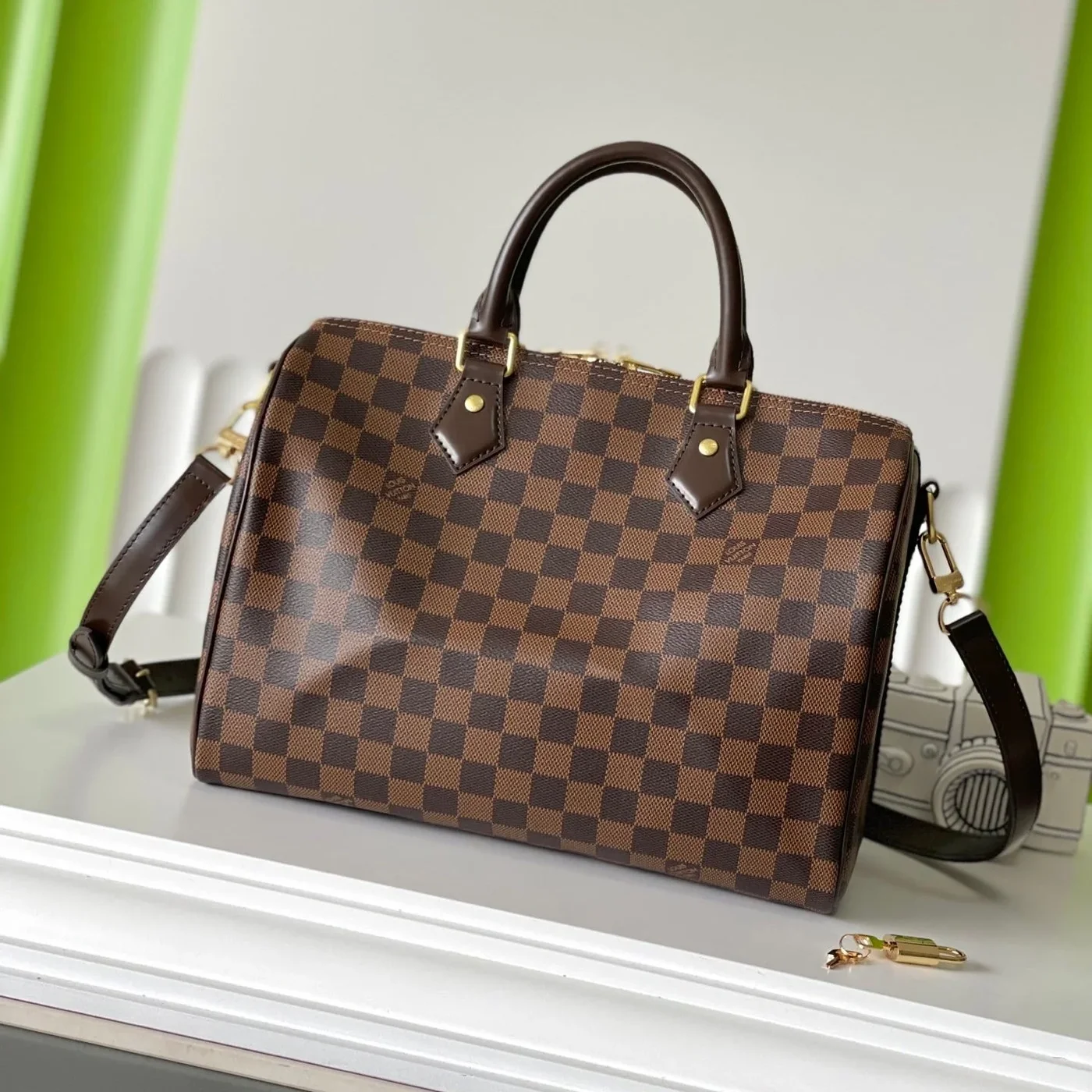 Louis Vuitton Speedy BANDOLIÈRE 30 In Dark Brown Damier Ebene Canvas Gold Lock Bag product view 1