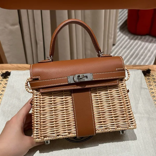 Hermès Kelly Picnic Handbag In Brown  Natural Leather And Wicker Silver Hardware product view 1