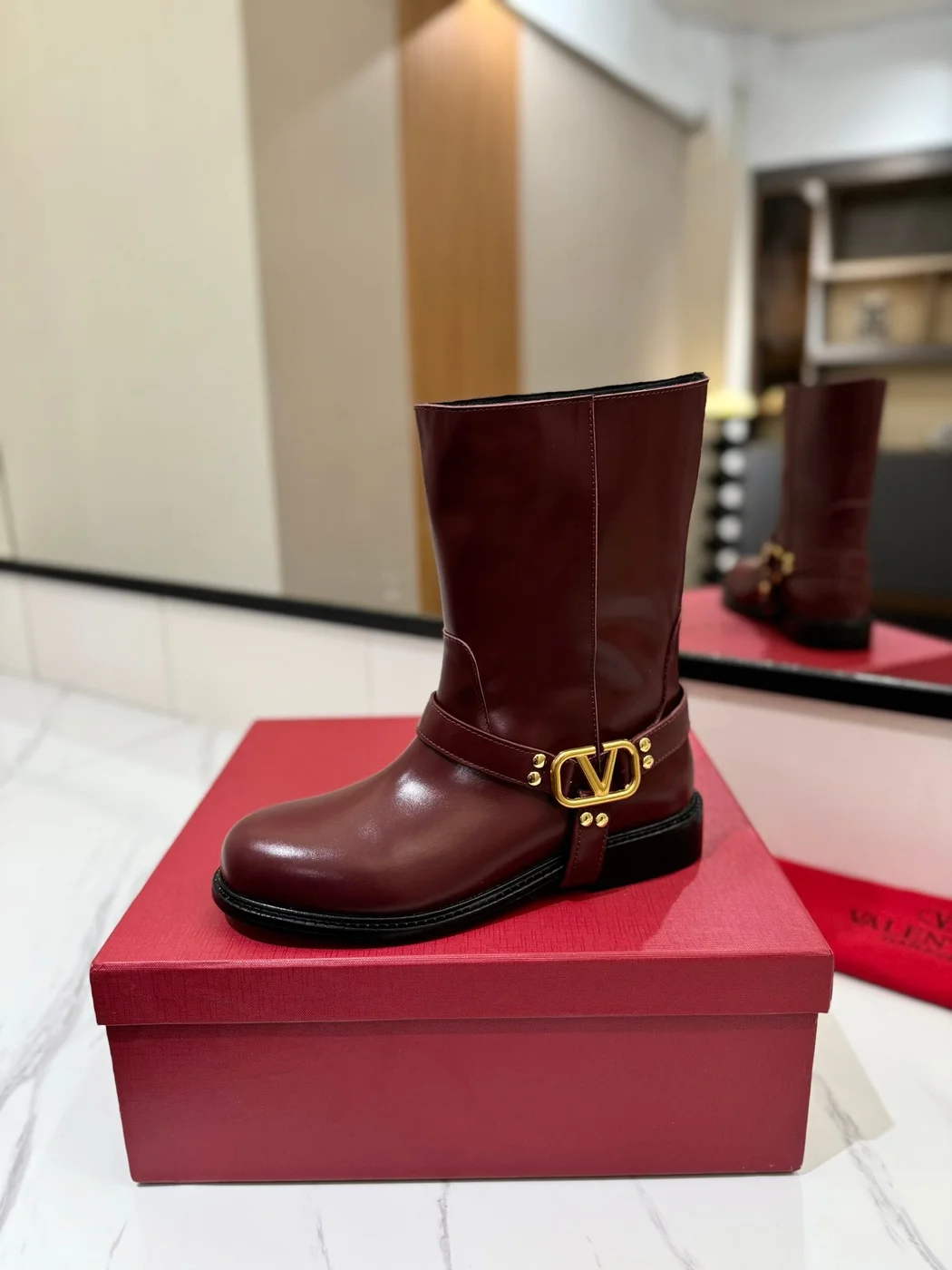 Valentino Women Burgundy Leather Mid-Calf Boots product view 5