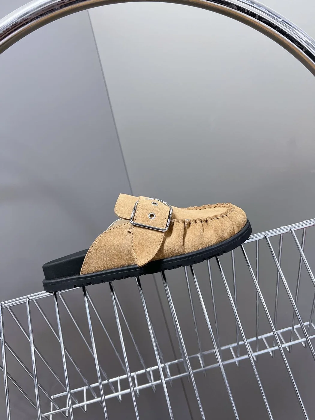 Hermès Women Beige Suede Buckle Mules product view 2