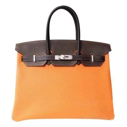 Hermès Birkin 35 Orange Togo Bag with Black Handles and Dark Brown Trim product view 1