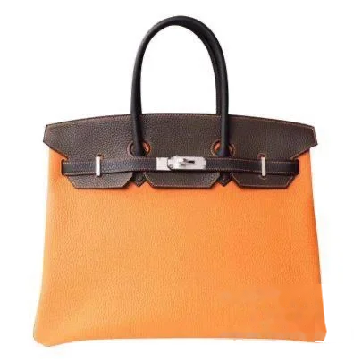 Hermès Birkin 35 Orange Togo Bag with Black Handles and Dark Brown Trim product view 1