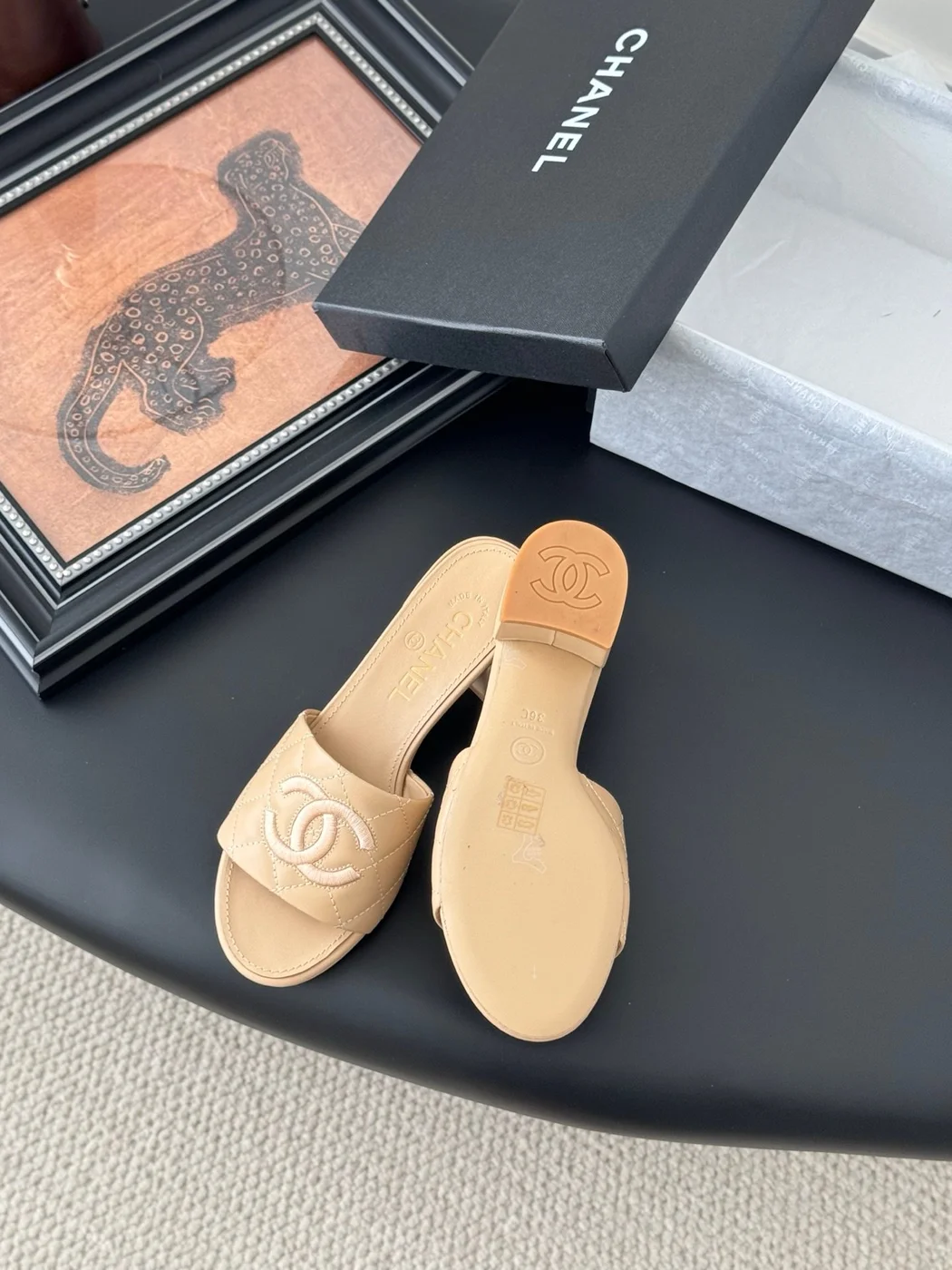 Chanel Women Beige Leather Quilted Slides product view 4