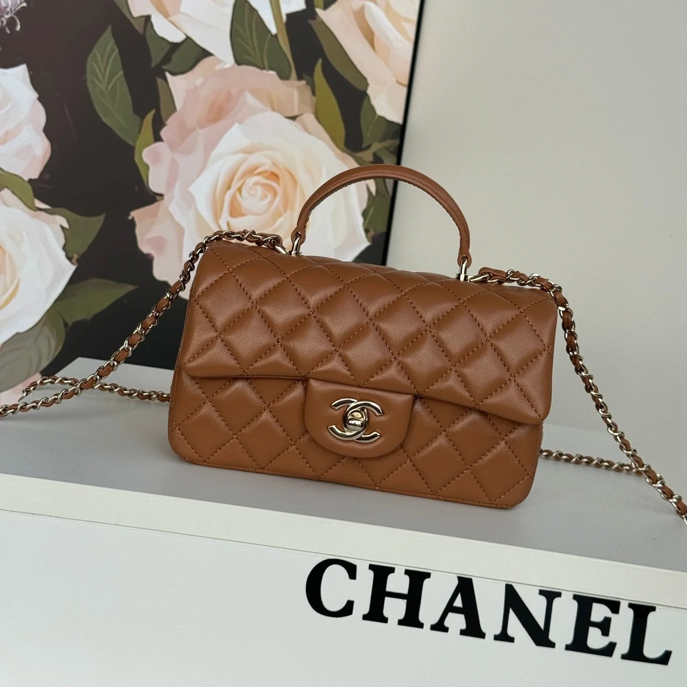 Chanel Flap Bag 20 In Bronze Brown Lambskin With Handle product view 1